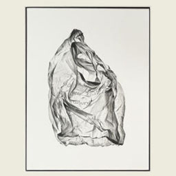 black and white detailed sketch of plastic bag.