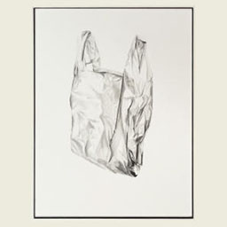 black and white detailed sketch of plastic bag.