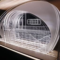 3D geometric acrylic model, dome roof, in a glass case the wooden back under LED lights.