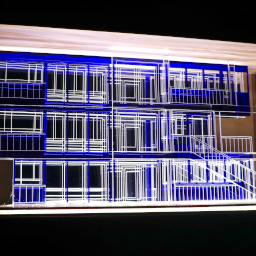 3D geometric acrylic model, rectangular windows and blue features, in a glass case with wooden back under LED lights.