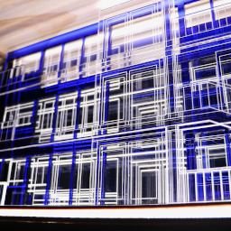 3D geometric acrylic model, rectangular windows and blue features, in a glass case with wooden back under LED lights.