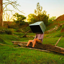 figure of man sitting on wooden log, TV on head, in natural green landscape.