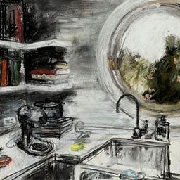 smudged charcoal and pastel illustration of kitchen sink and shelves, round window looking out into greenery.