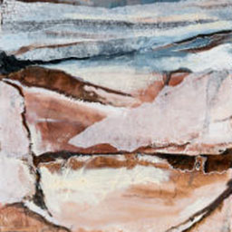 abstract close-up, painting of rough landscape in earthy tones and blues.