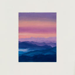 deep blue mountains, pastel pink and orange sunset.