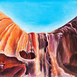 detailed rocky cavern, bright earthy tones with intricate lines, small patch of blue sky.