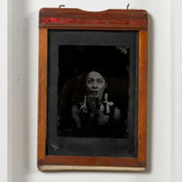 antique black and white portrait, female figure, orange frame.