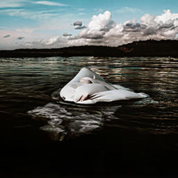 digital sea-scape, cloudy sky, rippling dark water with flowing white sheet in the centre.