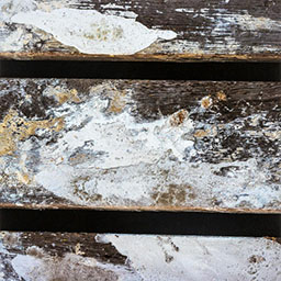 three wooden planks, white markings eroding natural brown wood.