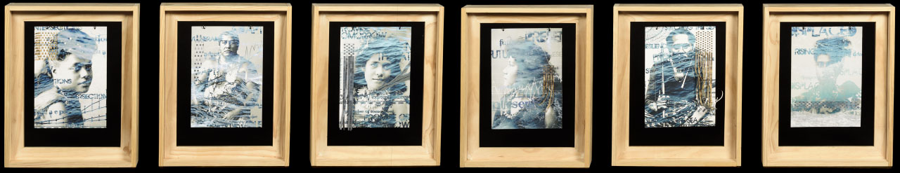 six panels in a row of collaged portraits, grainy shades, in wooden frames.