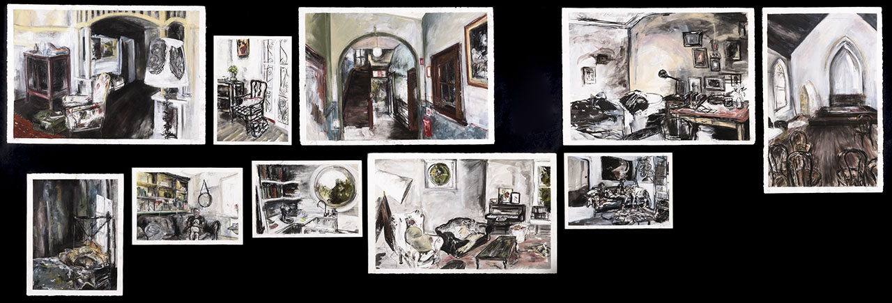 ten panels, detailed charcoal drawings of rooms within a home.