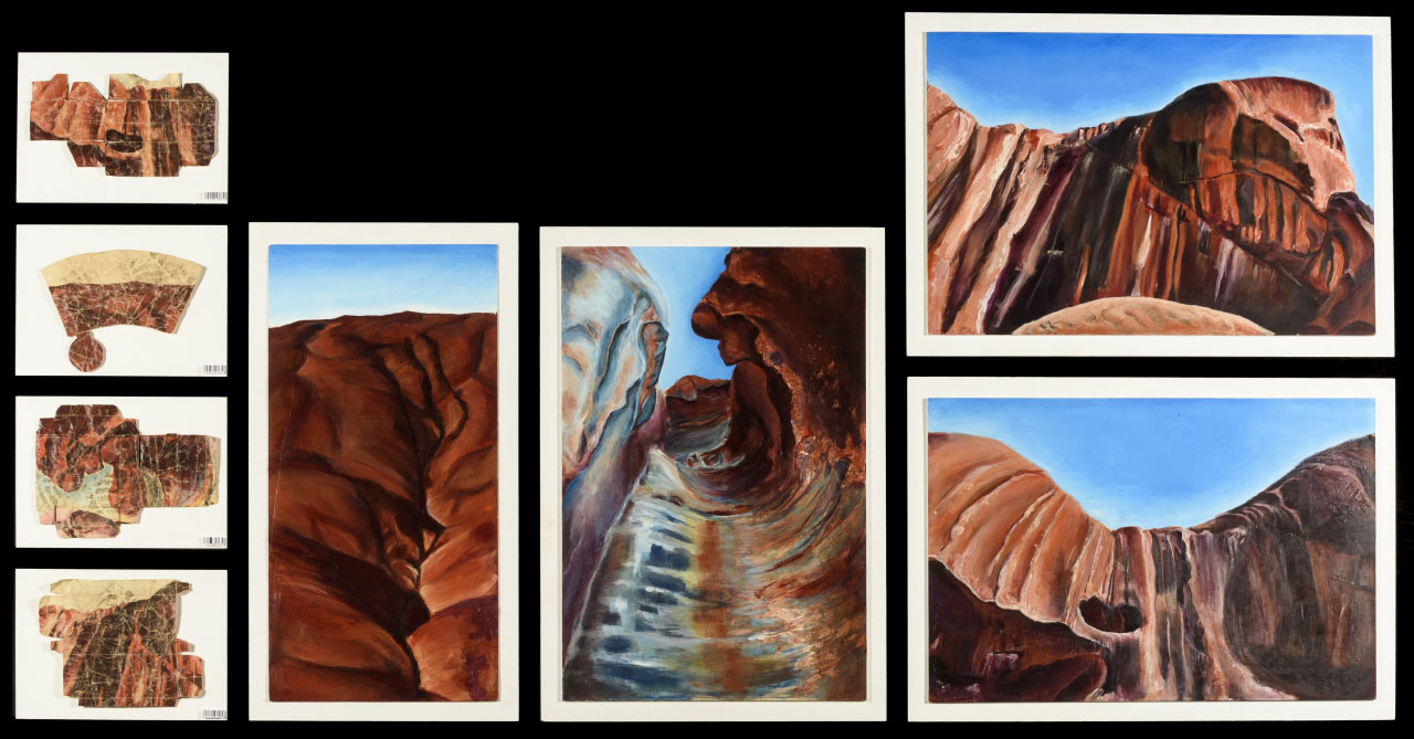 eight paintings of rock surfaces, cavernous spaces and aerial views in earth tones and sky blue, varied sizing.