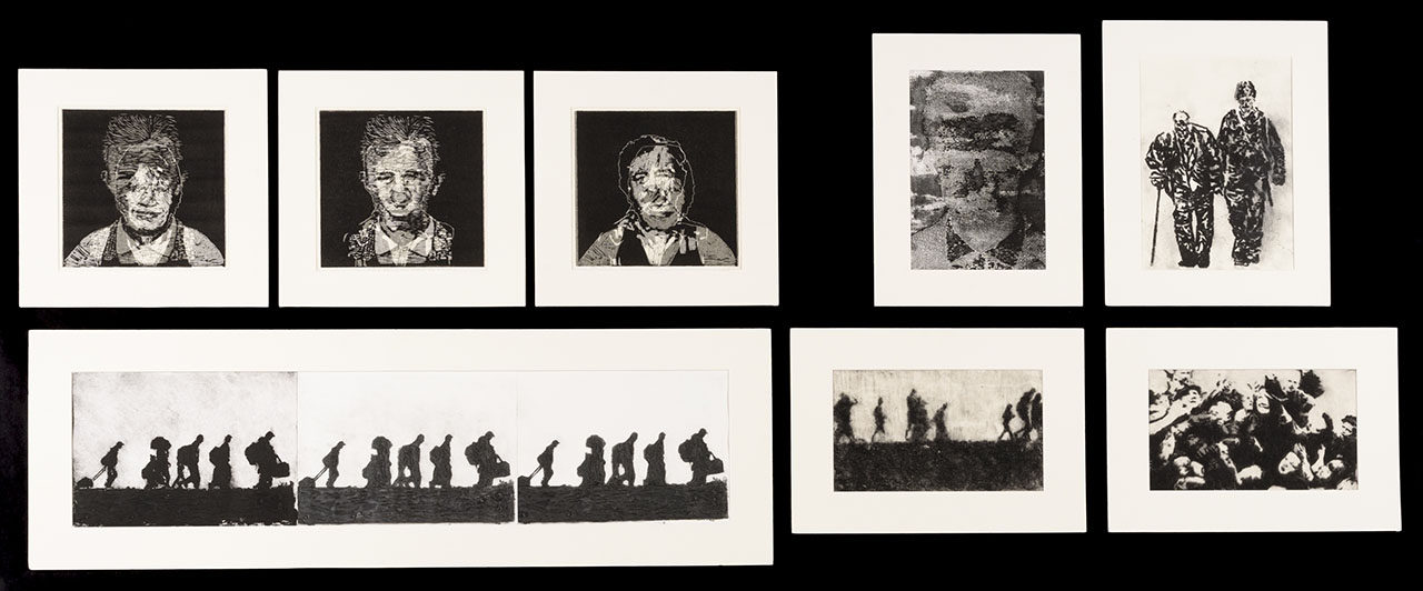 eight white framed panels, varied sizes, all black and white illustrations of war, layered silhouettes on black background.