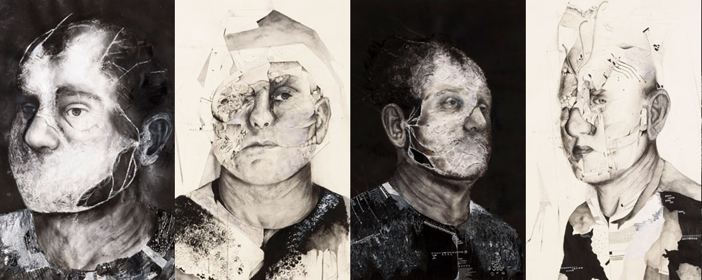 four black and white illustrated male portraits, collaged and torn.