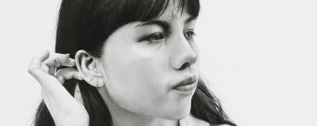 three black and white portraits of the same girl different angles, dark features.