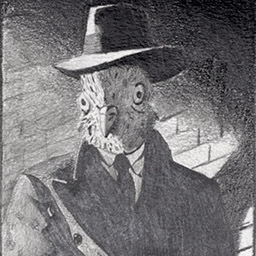 pencil drawing of a bird-headed man in a trenchcoat with hat