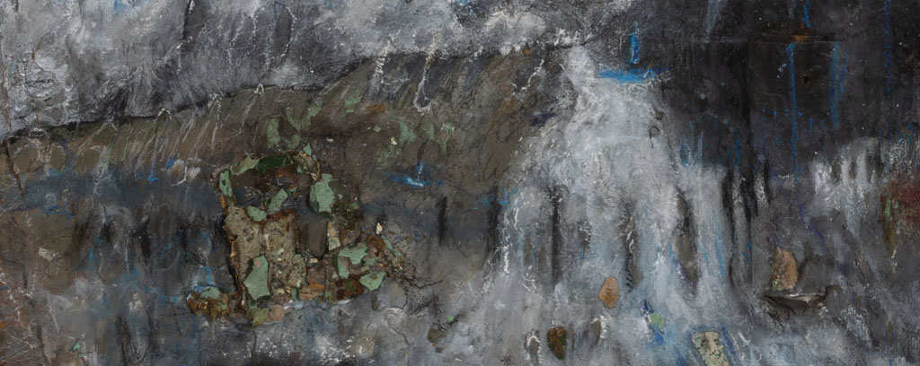 fragment of industrial metal with worn pattern in the shape of a boat sail and two industrial abstract sculptures made of wood and rusted metal in the shape of sailboats