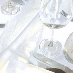 still life painting of wine glasses on a table setting