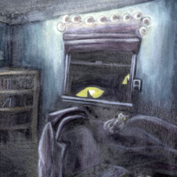 Bedroom scene with giant yellow glowing cat eyes peering through the window