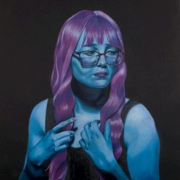 A portrait of a girl with blue skin, long purple hair and glasses clutching at her chest with a sad expression