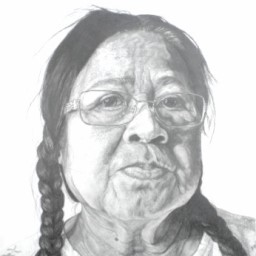 Graphite portrait of an elderly woman with glasses frowning