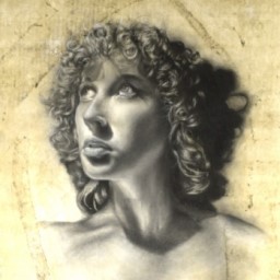 Graphite portrait of a female with curly hair looking upwards on a sepia toned background