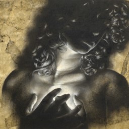 graphite portrait of a woman clutching their chest on a sepia toned background