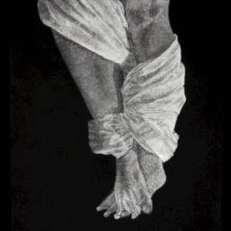 Black and white drawing of legs wrapped in cloth