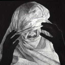 Black and white potrait of a figure with cloth draped over their head and their arms toching their face