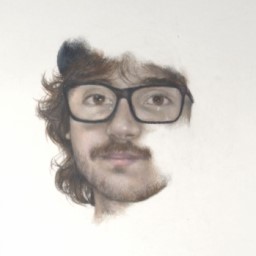 A realistic portrait of a man wearing glasses with intentionally erased areas