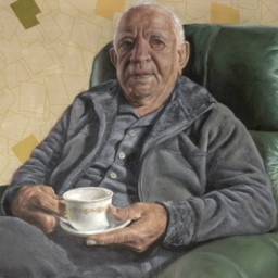 A painted portrait of an elderly man sitting on a couch holding a cup of tea