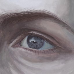 Realistic painting of a blue eye with white skin