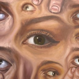 Multiple eyes and fingers painted on one surface