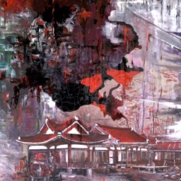 Abstract red and black painting with a Japanese style house