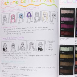 Close up of visual arts diary displaying sketches of a girl with long hair