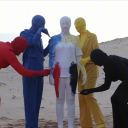 A still shot of five figures each dressed from covered head  to toe in a single colour, red, blue, white, yellow and black in standing position, painting the figure in white.
