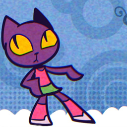 A still shot of an animated purple cat with yellow eyes with a blak and white background.