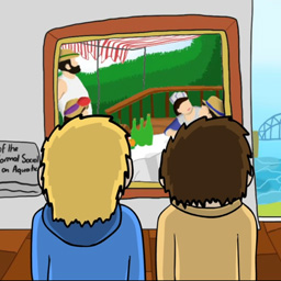 A still image of two animated figures looking at artwork.