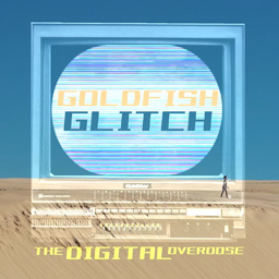A still shot of a desert hoizon with a logo in the foreground with the words goldfish glitch in the centre.
