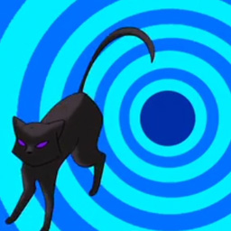 A still shot of an animated black cat with purple eyes and a circular blue spiral pattern in the background.