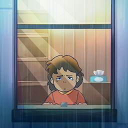 A still shot of an animated child looking out of a window.