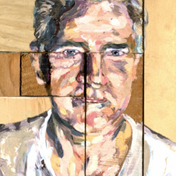 Close up detail of textured painted portrait of a man in a white shirt on an assembly of toy wooden blocks