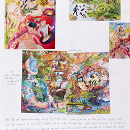 Close up of visual arts diary displaying progress images for a body of work