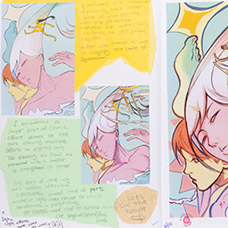Close up of visual arts diary displaying progress images for a body of work