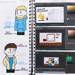 Close up of visual arts diary displaying progress images for a body of work