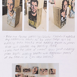 Close up of visual arts diary displaying progress images for a body of work