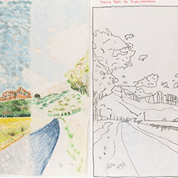 Close up of visual arts diary displaying progress images for a body of work