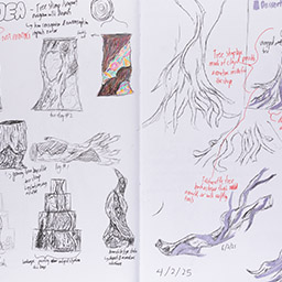 Close up of visual arts diary displaying progress images for a body of work
